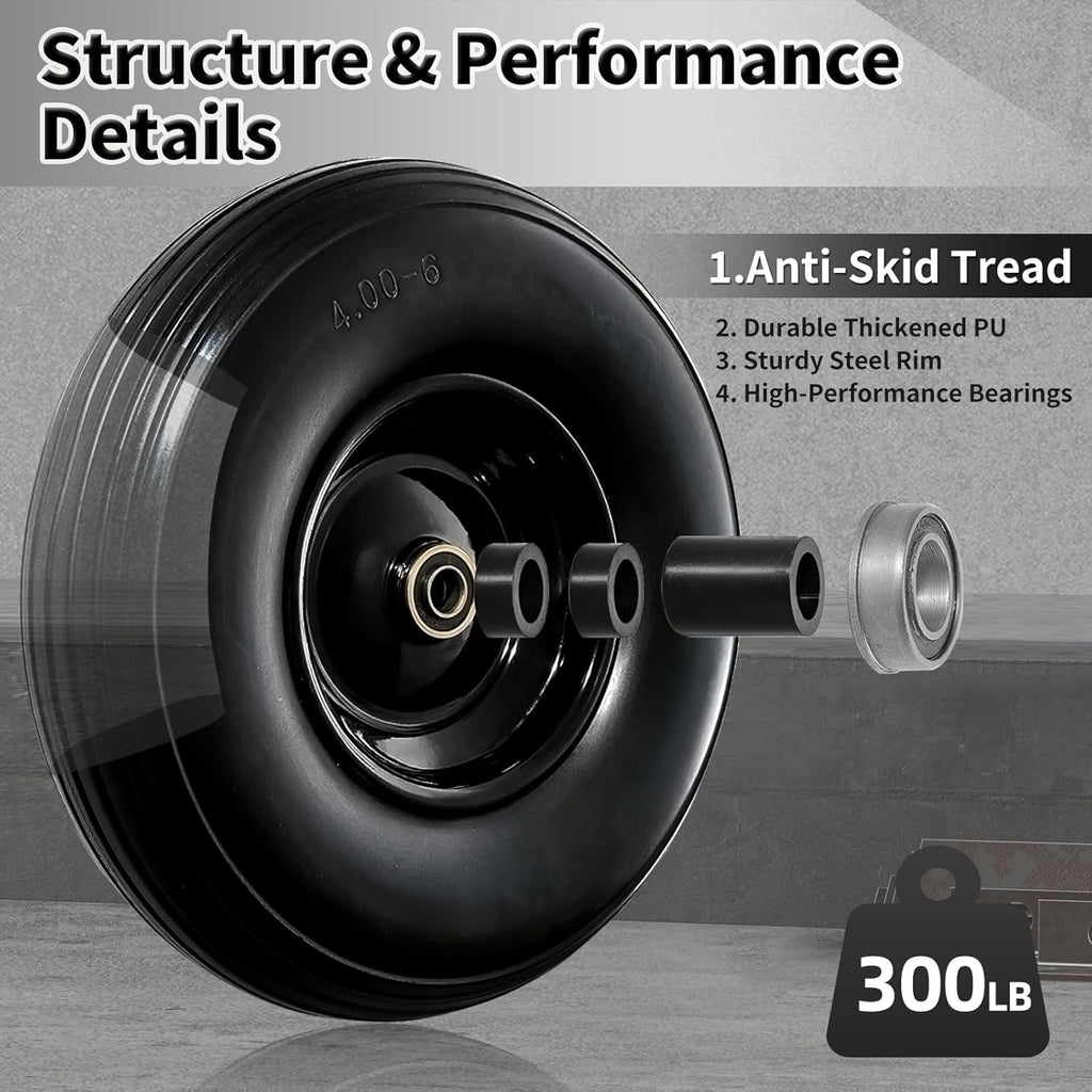 Wheelbarrow Wheel 13 Inch Flat Free 4.00-6 Solid Tire, Replacement Heavy Duty, with 5/8" and 3/4" Bearings 1.75" Center Hub, fits Garden Cart, Dolly, Hand Truck, Trailer, Utility Wagon, 1 Pcs