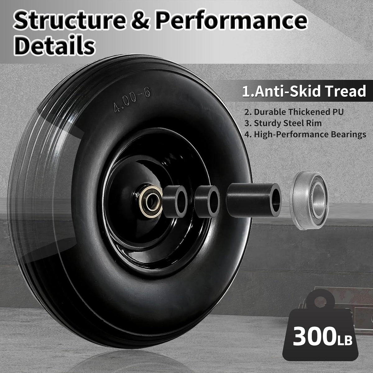 Wheelbarrow Wheel 13 Inch Flat Free 4.00-6 Solid Tire, Replacement Heavy Duty, with 5/8" and 3/4" Bearings 1.75" Center Hub, fits Garden Cart, Dolly, Hand Truck, Trailer, Utility Wagon, 1 Pcs
