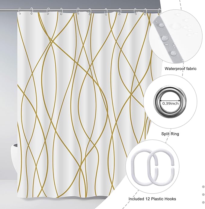 Punkray Gold Light Brown and White Striped Wavy Line Polyester Shower Curtain for Bathroom with Hooks, Shower Curtain Set Stripe Bath Curtains Decor Weighted Hem Washable, 72 x 72