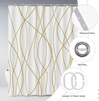 Punkray Gold Light Brown and White Striped Wavy Line Polyester Shower Curtain for Bathroom with Hooks, Shower Curtain Set Stripe Bath Curtains Decor Weighted Hem Washable, 72 x 72
