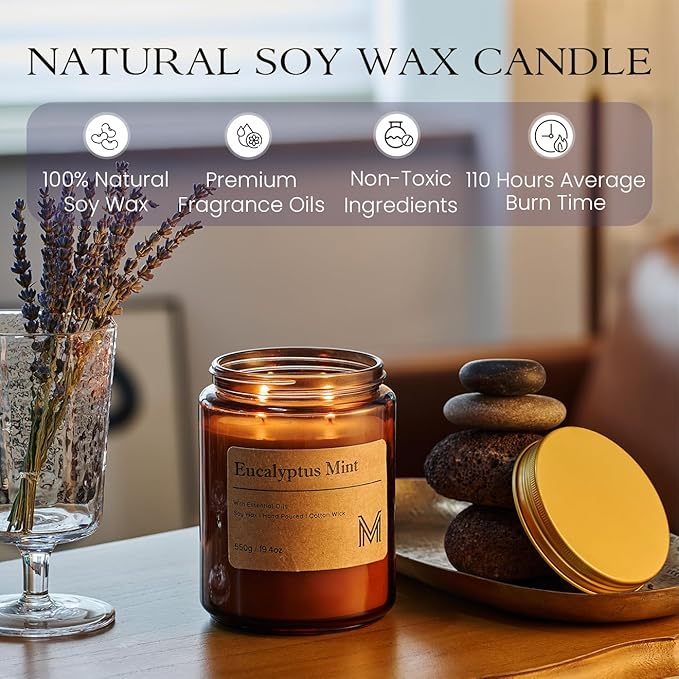 M&SENSE Eucalyptus Mint Home Scented Candle | 19.4oz, 115-Hour Burn | Natural Organic Soy Wax | Long-Lasting for Stress Relief and Gifting | for Bedroom，Relaxing SPA，Office