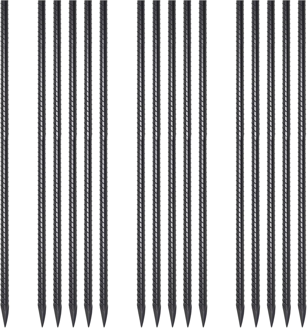Rebar Stakes 36 Inch 16 Pack Heavy Duty Steel Ground Anchors 1/2 Diameter Straight Metal Stakes Landscape Timber Spikes with Chisel Point End for Plant Support, Concrete Form, Black