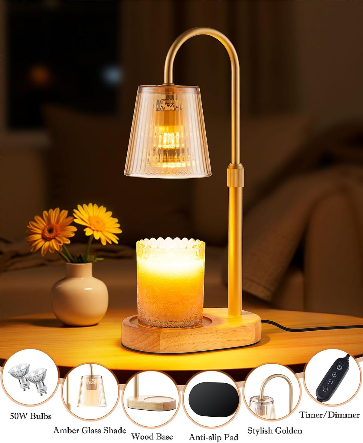 Adjustable Candle Warmer Lamp with Timer - Electric Light Wax Warming Dimmable Flameless Top Melter Heater Melting Heating Height Small Jar Candles Gifts Women Mom Birthday Home Desk Modern Decor