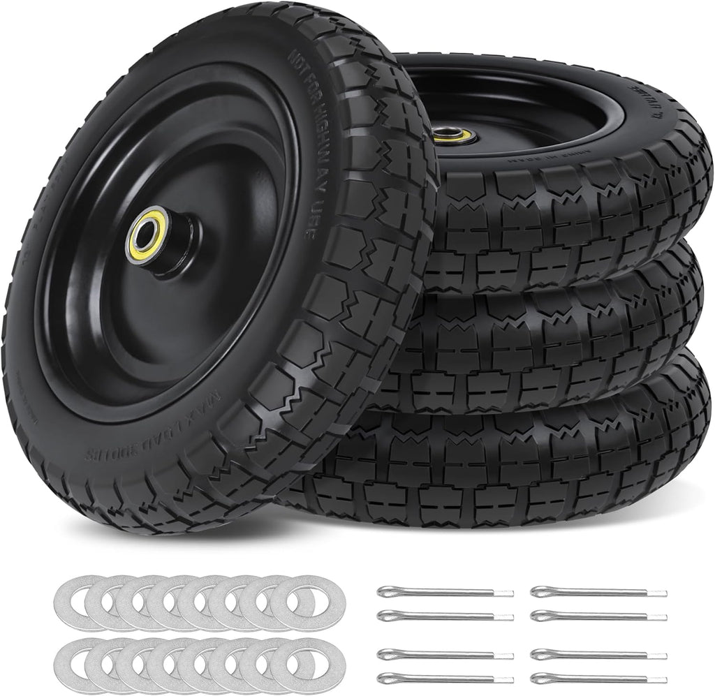 13 Inch Flat Free Wheels Tires 4.00-6 Solid Replacement with Universal 5/8" Axle Bore Hole, 16 Spacers and 8 Pins, for Wheelbarrow, Garden Wagon, Hand Truck, Trolley, Lawn Mower, 4 Pack