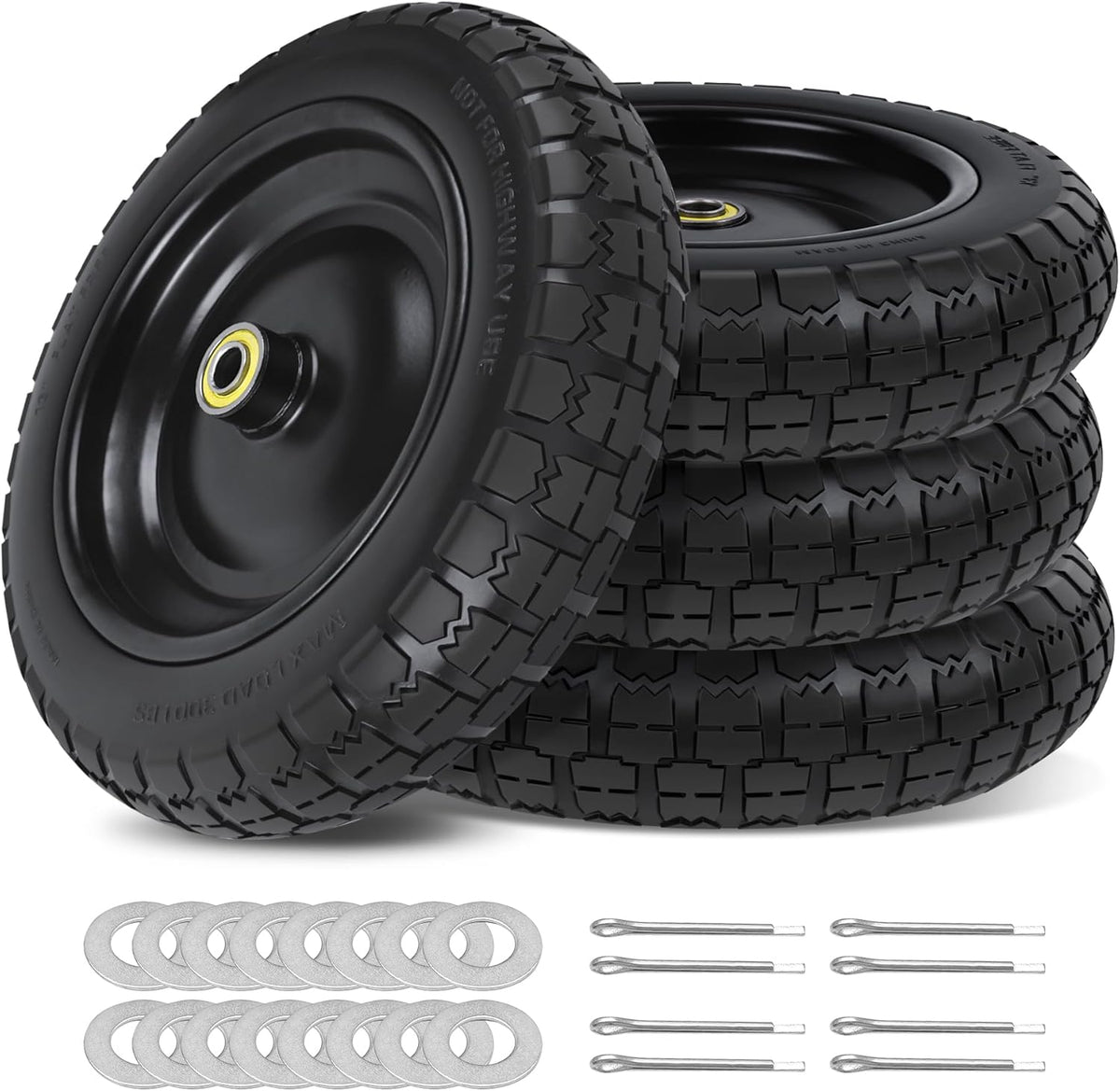 13 Inch Flat Free Wheels Tires 4.00-6 Solid Replacement with Universal 5/8" Axle Bore Hole, 16 Spacers and 8 Pins, for Wheelbarrow, Garden Wagon, Hand Truck, Trolley, Lawn Mower, 4 Pack