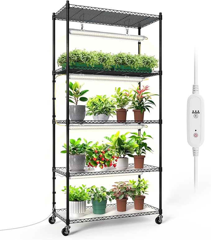 Bstrip Plant Shelf with Grow Light, 5-Tier Plant Stand with T8 24W Grow Light for Indoor Plants with Wheel, Grow Light Shelf with Timer for Indoor Plant, Seedling, Seed Starting, 29.5x13.8x59IN
