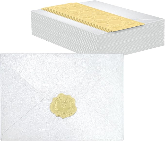 50 PCS Pearl White A7 Envelopes with Stickers, Shimmering 5x7 Envelopes for Invitations, Great for Wedding Invitation Cards, Birthday RSVP, Graduation, Baby Shower 5.25 x 7.25 inches