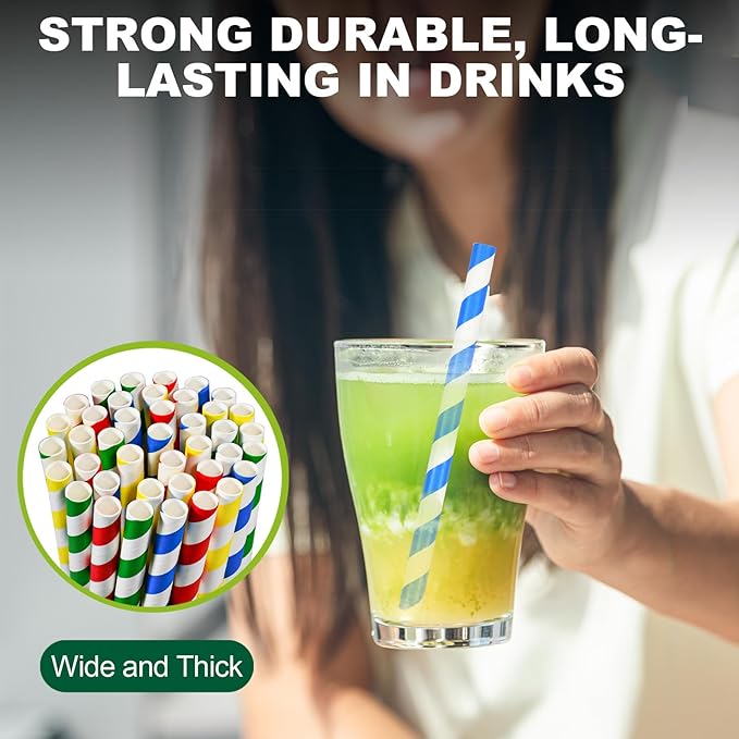 [10mm Wide] Chunspak 6" Short Fat Colorful Striped Paper Drinking Straws Disposable 100 Counts for Smoothie, Milkshakes, Thick Drinks - Biodegradable