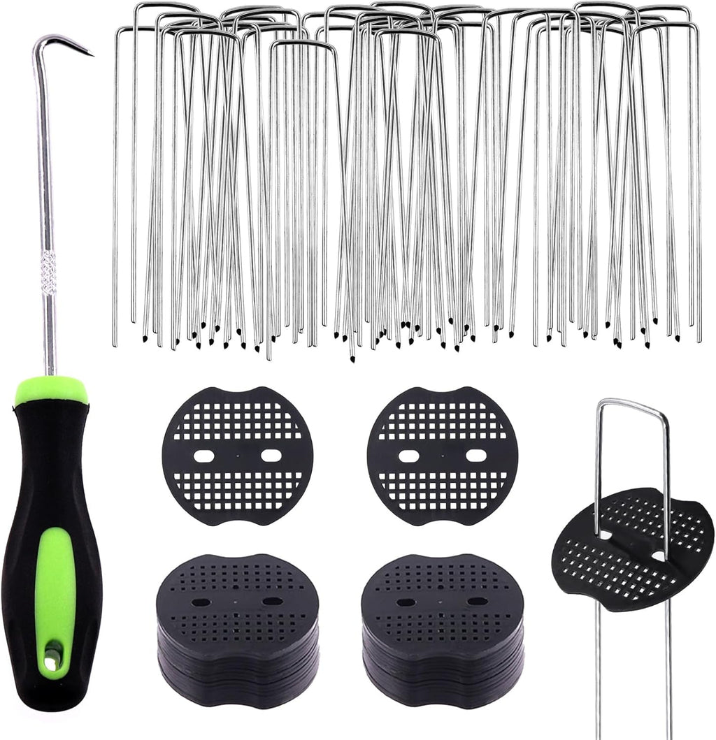 Swpeet 101Pcs U-Shaped Landscape Garden Stakes Staples and Plastic Fixing Gasket with Pick Hook Assortment Kit, Garden Lawn Landscape Staples for Irrigation Hoses, Fixed Fences, Artificial Turf Nails