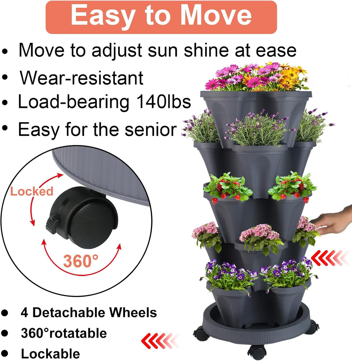 Vertical Planter 5 Tier Stackable Planters Garden Planters Strawberry Herb Flower and Vegetable Planter Indoor Outdoor Gardening Pots with Removable Wheels and Tools