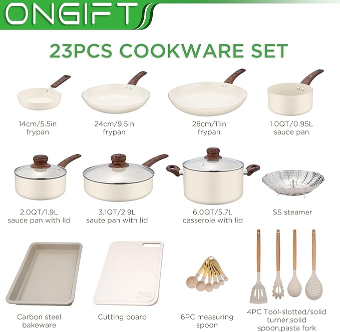 23 Pcs Pots and Pans Set Nonstick, Kitchen Cookware Sets, with Frying Pan, Saucepan, Saute Pan, Lightweight Cooking Set with Stay-Cool Wood Print Handles, NO PFAS and PFOA, Dark Wood