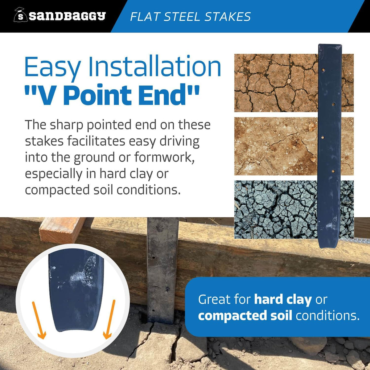 Sandbaggy Flat Steel Stakes for Concrete Forms with Nail Holes - 1.5" Wide - Painted - Removable, Reusable, V Point End - Construction Grade Stakes (100, 12 inch)