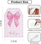 100Pcs Pink Bow Gift Tags with String Pink Buffalo Plaid Large Gift Tags with 65Ft White String Cute Thank You White Paper Tag for Coquette Birthday Baby Shower Wedding Gift Wrap Tag