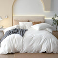 JIYUAN 100% Washed Cotton Duvet Cover Set 3 Pieces Queen, 1 Duvet Cover 90x90 Inches(Comforter Not Included) and 2 Pillowcases,Linen Feel Bedding Set Comfy and Breathable,Bright White