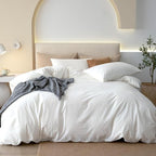 JIYUAN 100% Washed Cotton Duvet Cover Set 3 Pieces Queen, 1 Duvet Cover 90x90 Inches(Comforter Not Included) and 2 Pillowcases,Linen Feel Bedding Set Comfy and Breathable,Bright White