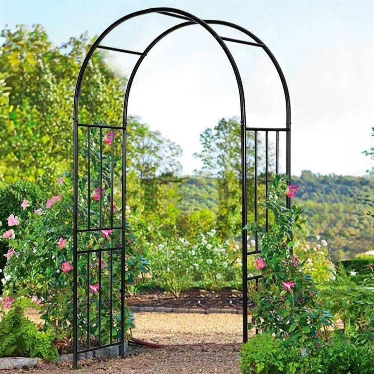 LDAILY Moccha Garden Arch Arbor Trellis, 7.2Ft Outdoor Steel Arbor with Stakes, Metal Archway for Climbing Plants, Wide Sturdy Garden Arch for Lawn, Party, Ceremony Wedding Decoration, Black