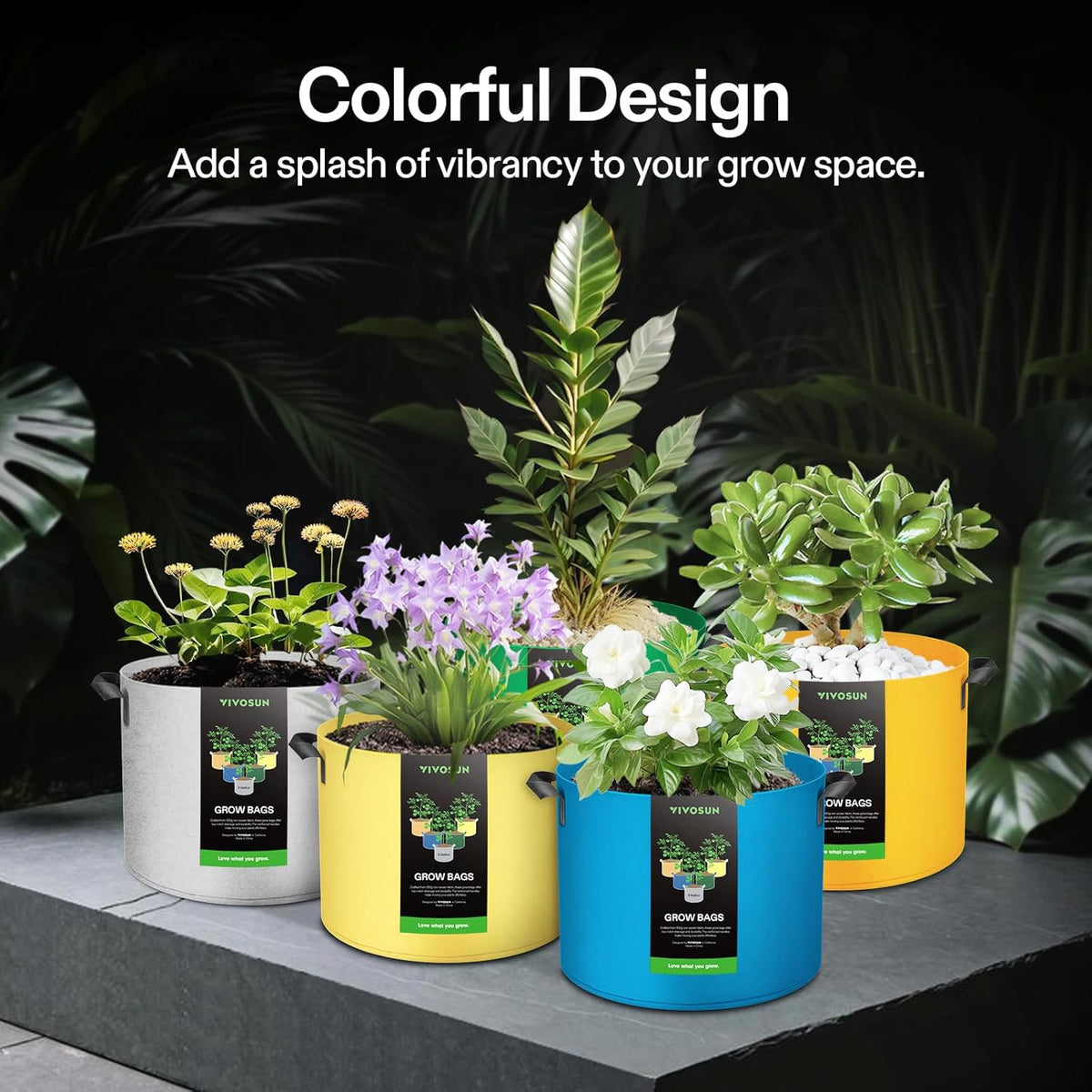 VIVOSUN 5-Pack 5-Gallon Colored Grow Bags, 350G Thick nonwoven Fabric Pots with Handles for Flowers, Fruits and Vegetables