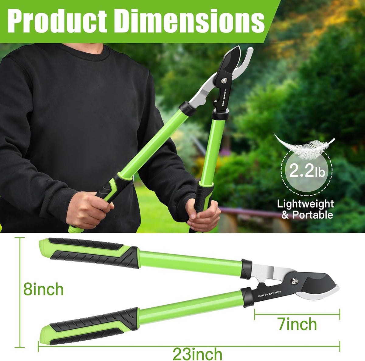23" SK5 Dual-Blade Loppers Cuts 2" Dry/Wet Branches - Triangular Steel Tube & SecureLock, Heavy Duty Tree Trimmers Green/Black