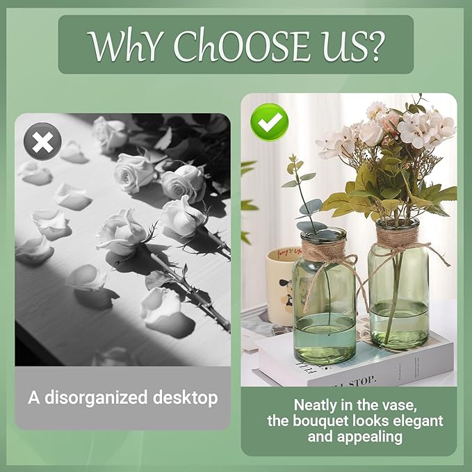 Green Glass Flower Vases for Centerpieces Set of 6, Mason Jars Boho Cylinder Bud Vases in Bulk, for Weddings Parties Vintage Home Decor