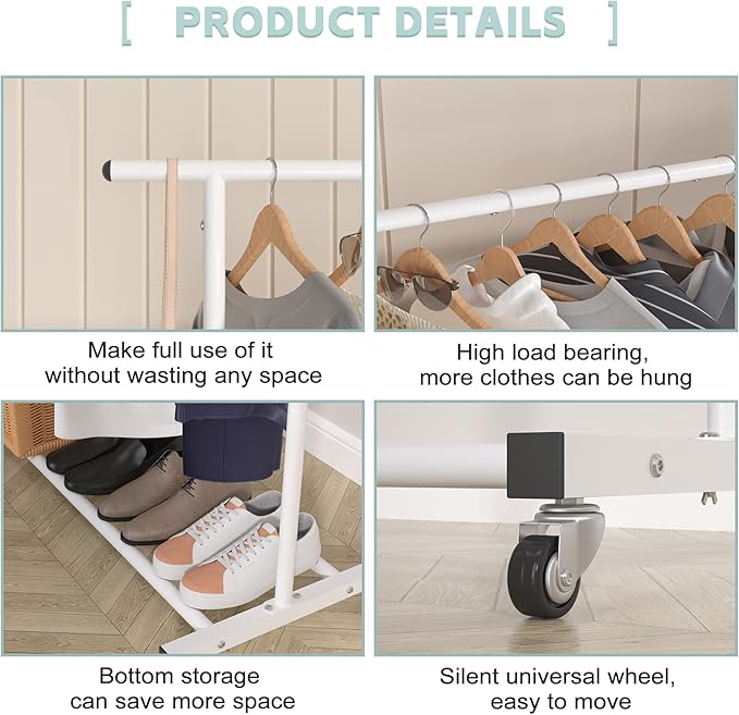 Sywhitta Double Rod Clothing Garment Rack, Rolling Clothes Organizer on Wheels for Hanging Clothes, Easy to Assemble, Adjustable, White