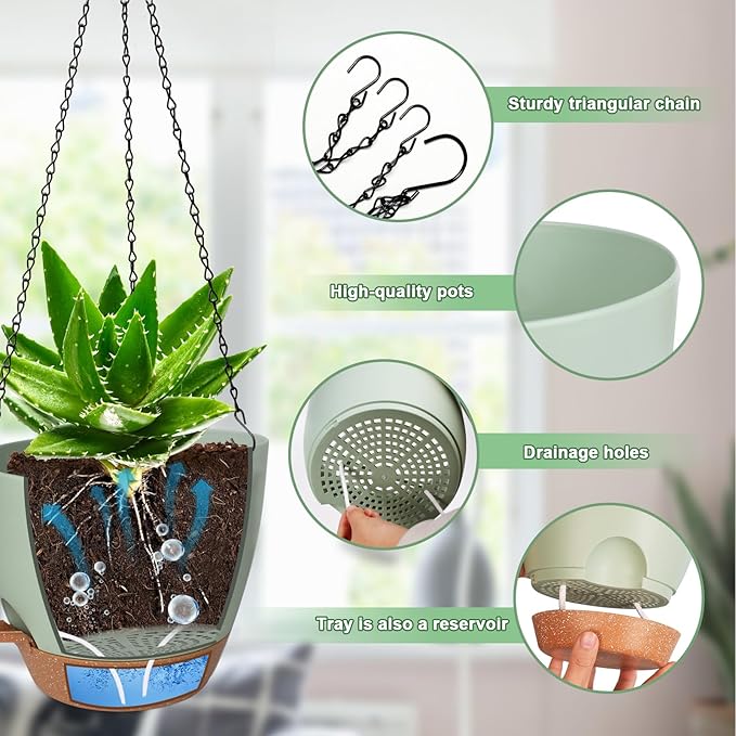 3 Pack Hanging Planter Indoor Outdoor Flower Pots 7/6.5/5 Inch, Self-Watering Hanging Pot with Drainage Holes Hanging Baskets Holder Plant Pots for Garden (Green)