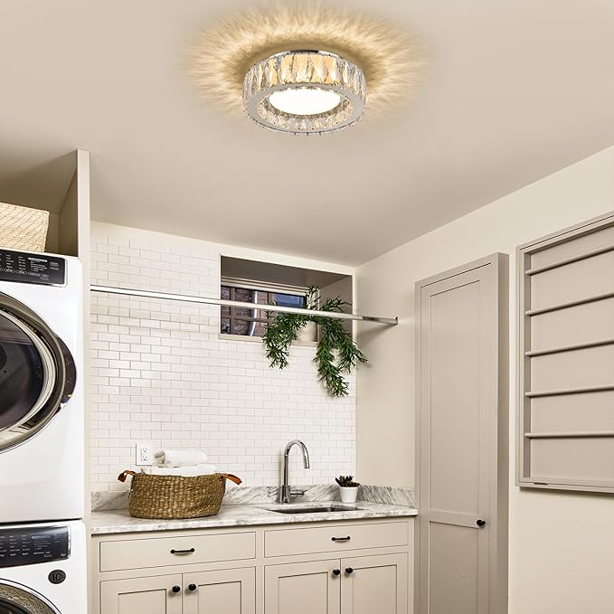 Dimmable Crystal Modern LED Flush Mount Ceiling Light,Chrome 11 Inch Small Chandelier 24W 5CCT 3000K-6000K Hallway Close to Ceiling Light Fixtures for Kitchen,Entryway,Laundry Room,Bedroom