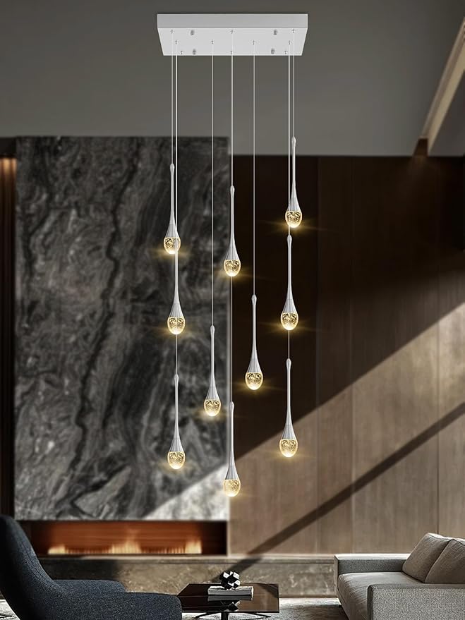 Rectangular Chandeliers for Living Room Silver Dining Room Lights Fixture Raindrop Pendant Lights Kitchen Island Crystal Chandelier for Staircase Hallway Foyer Entryway