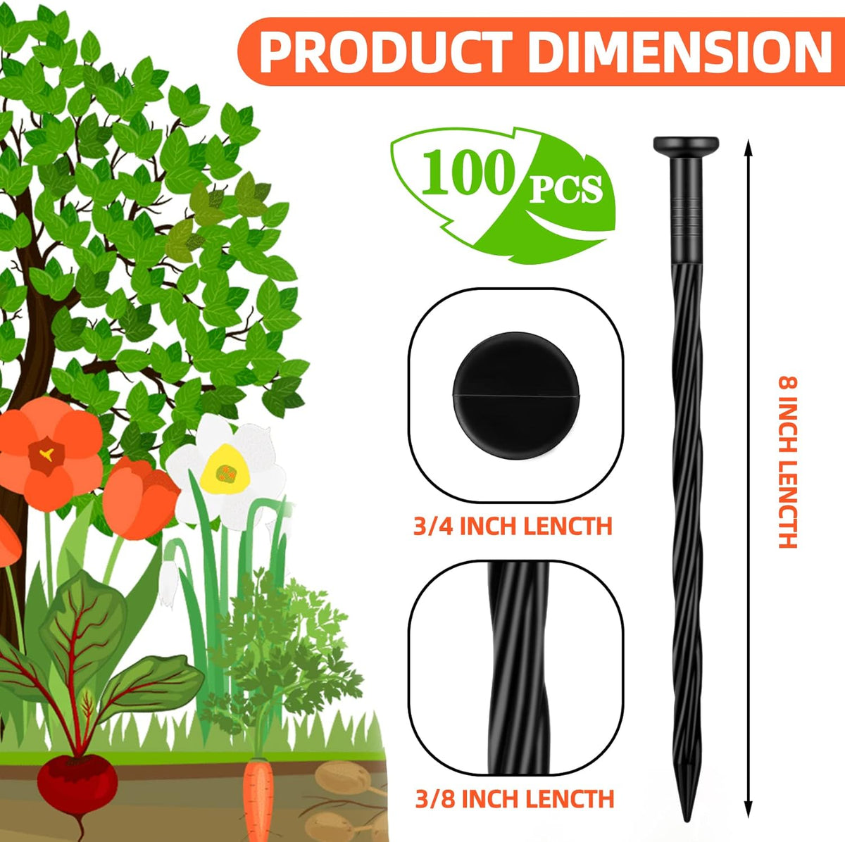 100 Count Plastic Landscape Edging Anchoring Stakes 8-Inch Garden Lawn Yard Landscaping Spikes for Paver Edging, Weed Barrier, Tent, Artificial Turf & More Black-100pcs