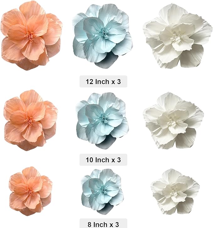 BRT Bearingshui Crepe Paper Flowers Decoration for Wall Total 9 Pcs, Artificial Flowers Backdrop for Wedding Decor Baby Bridal Shower Birthday Party, Mint Coral White 3D Wall Flowers Decor