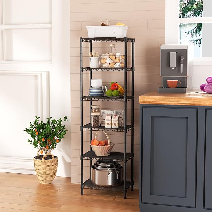 6 Tier Shelf Adjustable Storage Mesh Gaps Metal Utility Shelves Wire Shelving Unit Organizer Rack for Home Kitchen Office Bathroom Pantry Room10 D x 16" W x 60" H Black