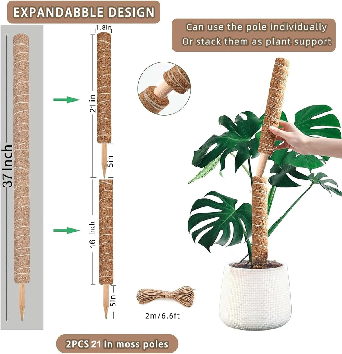 Moss Pole, 2Pack 21 Inch Plant Support Stakes for Indoor Plants, Monstera Plant Support Stakes, 37 Inch Tall Coir Plant Pole Sticks for Potted Plants, Pothos, Philodendron