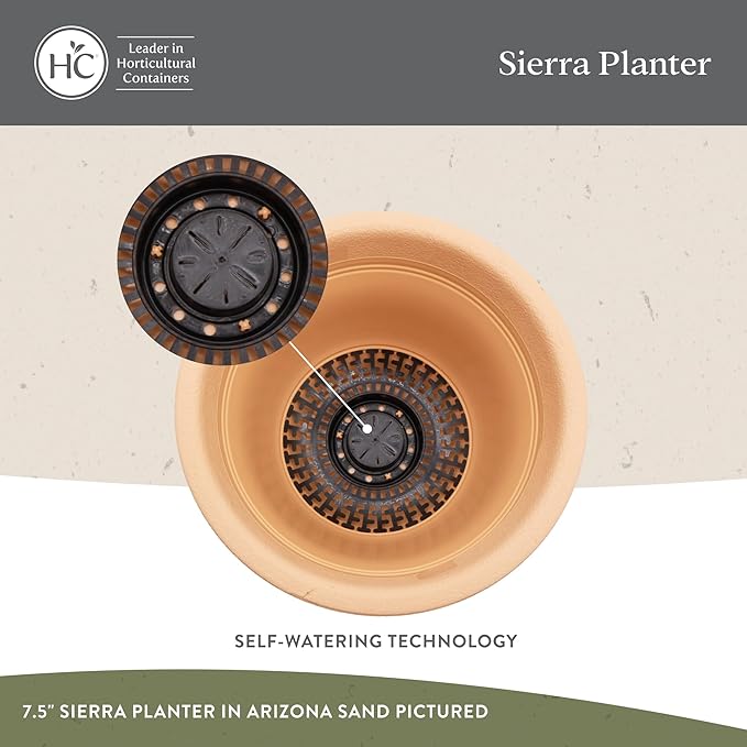 The HC Companies Sierra Round Self-Watering Pot - Lightweight Plastic Planter for Herbs & More - Durable Plant Pots for Indoor Plants & Outdoor Plants (10” Arizona Sand, Pack of 2)