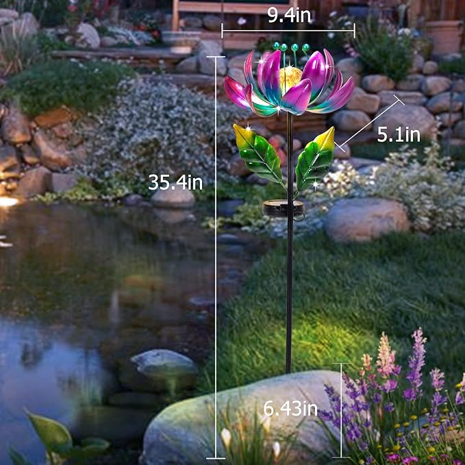 Solar Purple Metal Flower Wind Spinners, Colorful Spinning Windmill Lotus Yard Art Lights Wind Pinwheels with LED Crystal Ball Decorative Stake Lighting Flower Sculpture