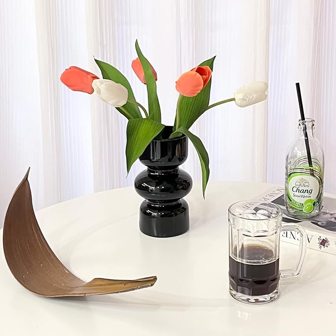 BLOFLO Black Glass Hydroponic Vase, 7Inches Glass Vase for Flower, Modern Geometric Three-Layer Floral Vases for Home Office, Wedding Table Decoration(Black)