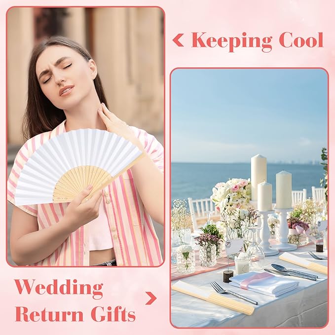24 Pieces White Hand Held Bamboo Folding Fans Paper Fans Handheld for Women Foldable Girls Wedding Decoration Church Home Party Favors Summer