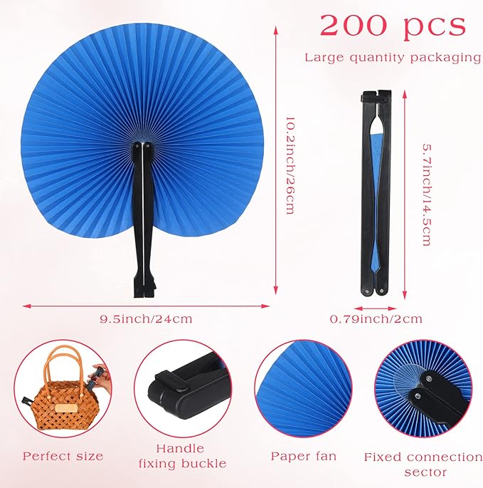 Handepo 200 Pieces Wedding Fans Folding Paper Fans Paper Fans Round Shaped Folding Fans Handheld Fan with Plastic Handle for Wedding Celebration Birthday Party Favor (Bright Colors)