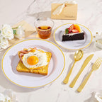 SUT 350 Pcs Gold and White Plastic Dinnerware Set for 50 Guests, Include: 50 Dinner Plates, 50 Dessert Plates, 50 Pre Rolled Napkins With Silverware, 50 Cups, Disposable Plates for Party, Wedding
