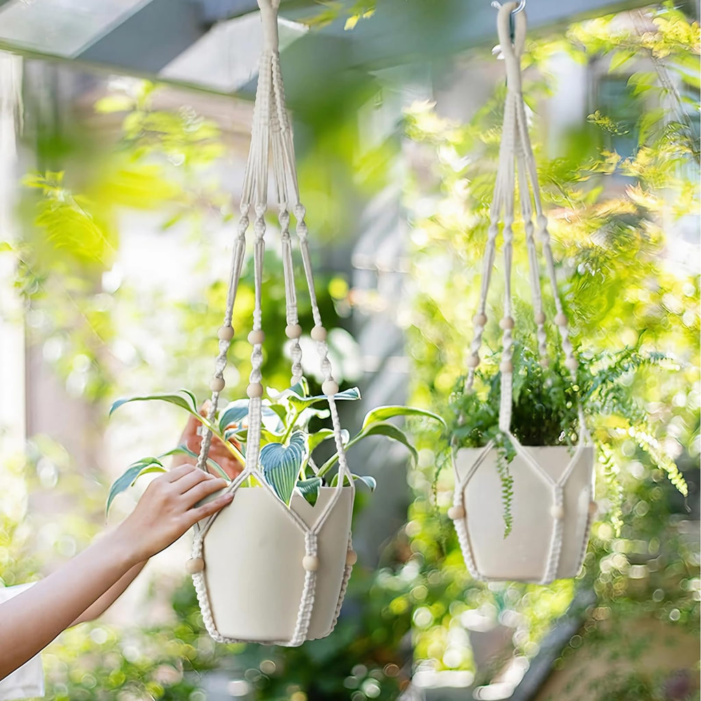 LEWESU Macrame Plant Hanger Indoor Set of 2 with 4 Hooks, Indoor Outdoor Hanging Planter for Plants Holder with Decorative Wood Beads & No Tassels, Boho Home Decor, 35 Inch Ivory (Pots Not Included)