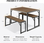 SHA CERLIN Kitchen Dining Table Set for 4 with Benches, Rustic Small Space Saving Dinette, Heavy Duty Metal Frame