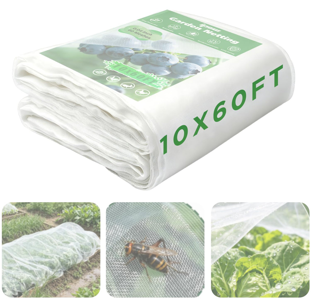 10 X 60FT Garden Mesh Netting Ultra Fine Mesh Netting Pest Barrier, Insect Bug Bird Netting for Vegetables Fruit Flower Garden Protection, Thickened 60 Mesh Row Covers Fabric Screen from Birds Bugs
