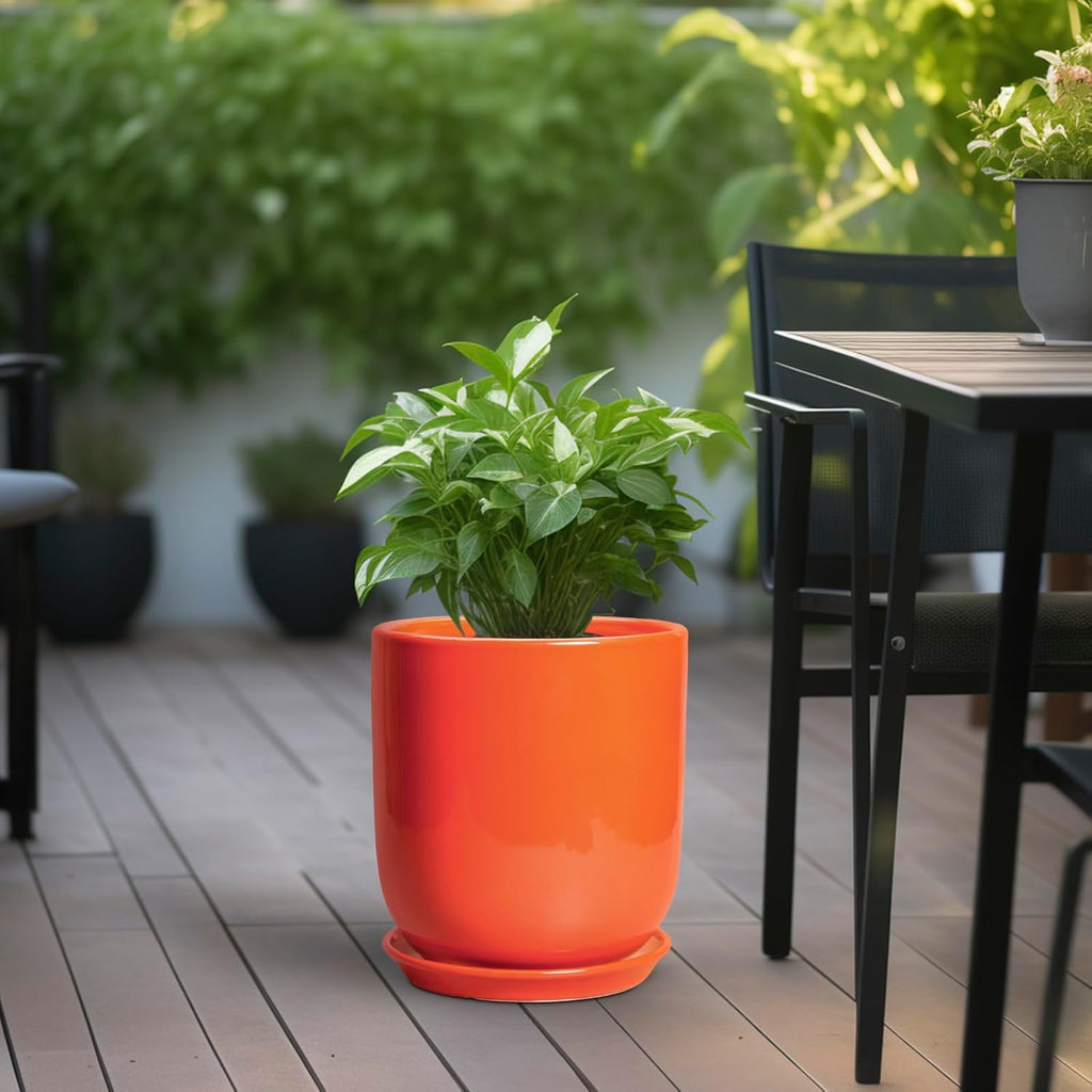 Indoor Planter 10 Inch - Ceramic Plant Pot with Drainage Hole and Saucer, Modern Decorative Round Planter for Indoor Outdoor Plants, Housewarming Gifts, Home Garden Office Decor, Orange