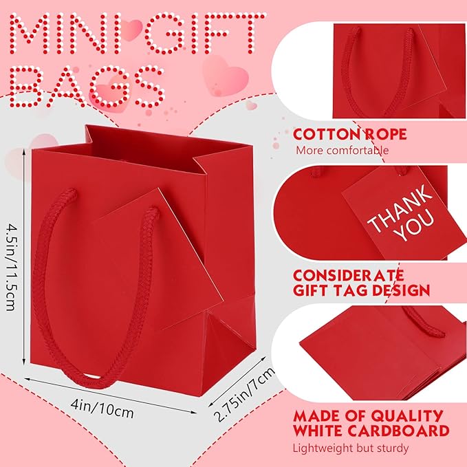 Sherr 100 Pack Mini Gift Bags Bulk, 4 x 2.75 x 4.5 Inches Paper Bags with Tags, Extra Small Paper Gift Boxes with Handles for Birthday, Party Favors, Weddings, Small Business(Red)