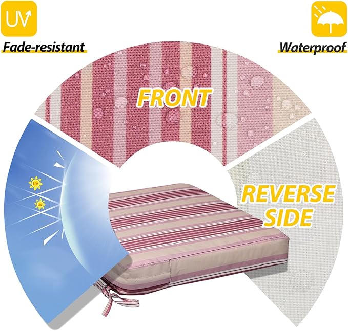 AAAAAcessories Outdoor Seat Cushions for Chairs, Waterproof, Fade-Resistant, 19" x 19" x 3", Patio Furniture Replacement Cushions, Set of 2, Dusty Rose Garden Stripe