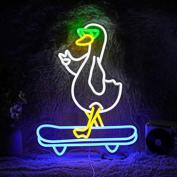 Duck Neon Sign Cool Skateboard Glasses Duck Neon Light for Wall Decor Dimmable Duck Light Up Sign Powered by USB for Living Room Kids Room Art Wall Decor Boys Girls Gifts (16.7”*12.8”)