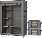 Calmootey Portable Closet, Wardrobe with 6 Shelves and Hanging Rod, Storage Organizer for Bedroom, Non-Woven Fabric Cover with 4 Side Pockets, Includes 2 Storage Bags for Clothes, Grey