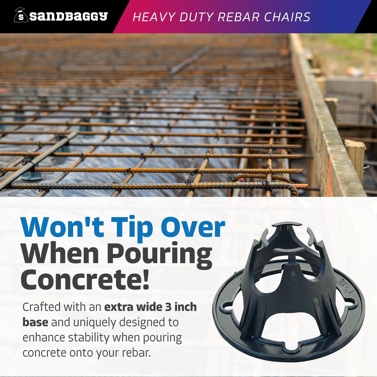 Sandbaggy Plastic Rebar Support Chairs - Elevates 1" or 1-1/4" - Concrete Chair for #3 to #5 and Steel Wire Mesh (100, 1" - 1.25" Rebar Chair)