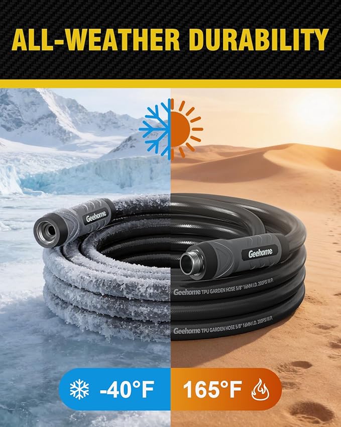 50ft Polyurethane Garden Hose, 5/8 in Lightweight Flexible Water Hose with Swivel Fittings, All-Weather, No-Kink Memory, Commercial Duty, Perfect for Home and Commercial Applications
