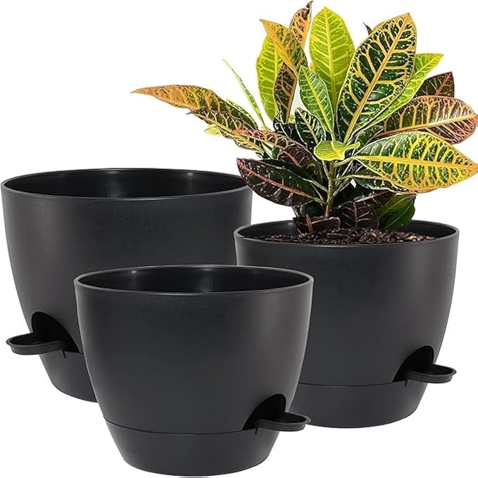 10/9/8 inch Self Watering Pots, Set of 3 Plastic Planters with Mesh Drainage Holes and Deep Reservoir for Indoor Outdoor Garden Plants and Flowers, Black