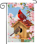 Spring Cardinal Bird Garden Flag 12x18 Inch Double Sided Burlap Outdoor Flag Decorations Pink Flowers Tree Summer Farmhouse Holiday Outside Decorations Burlap Yard Flag
