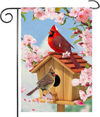Spring Cardinal Bird Garden Flag 12x18 Inch Double Sided Burlap Outdoor Flag Decorations Pink Flowers Tree Summer Farmhouse Holiday Outside Decorations Burlap Yard Flag